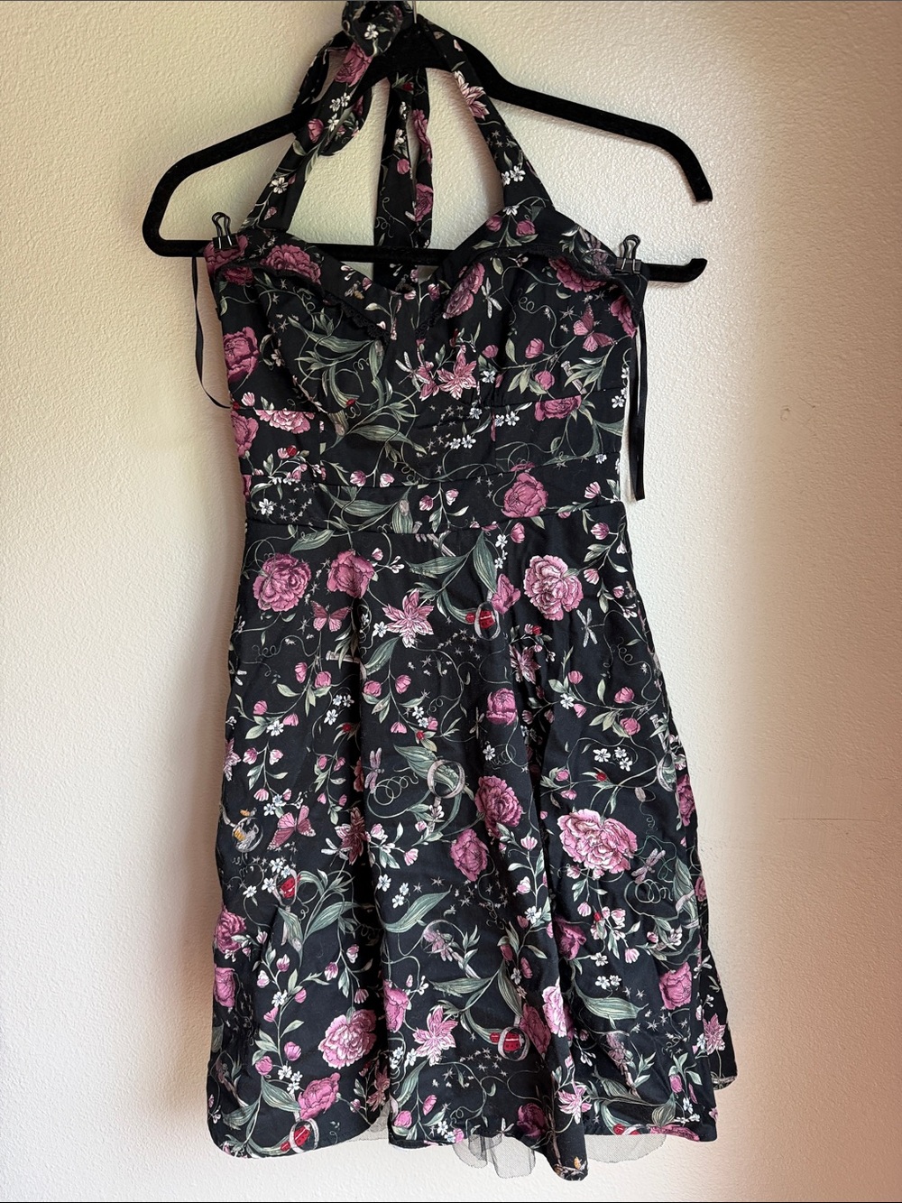 Hot Topic Black Halter Dress with Pink Floral Print